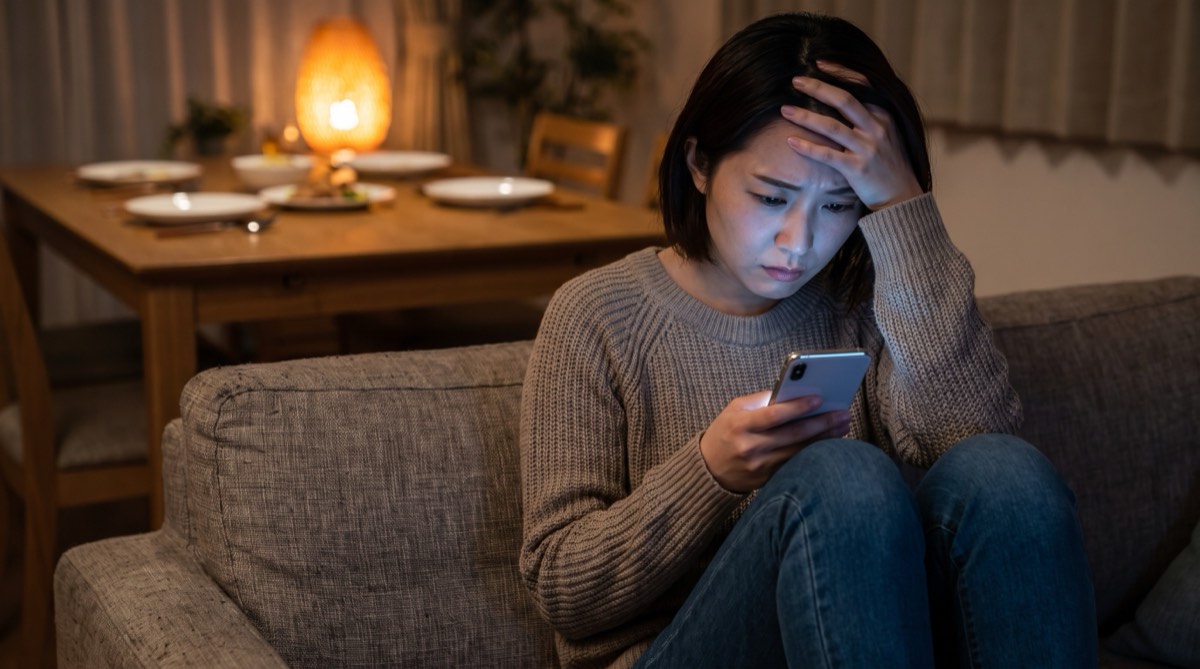 休日の自宅で鳴る携帯電話を不安そうに見つめる女性スタッフ