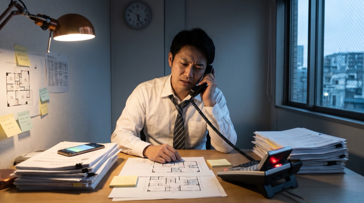 複数の電話に同時に追われる管理会社の男性スタッフ