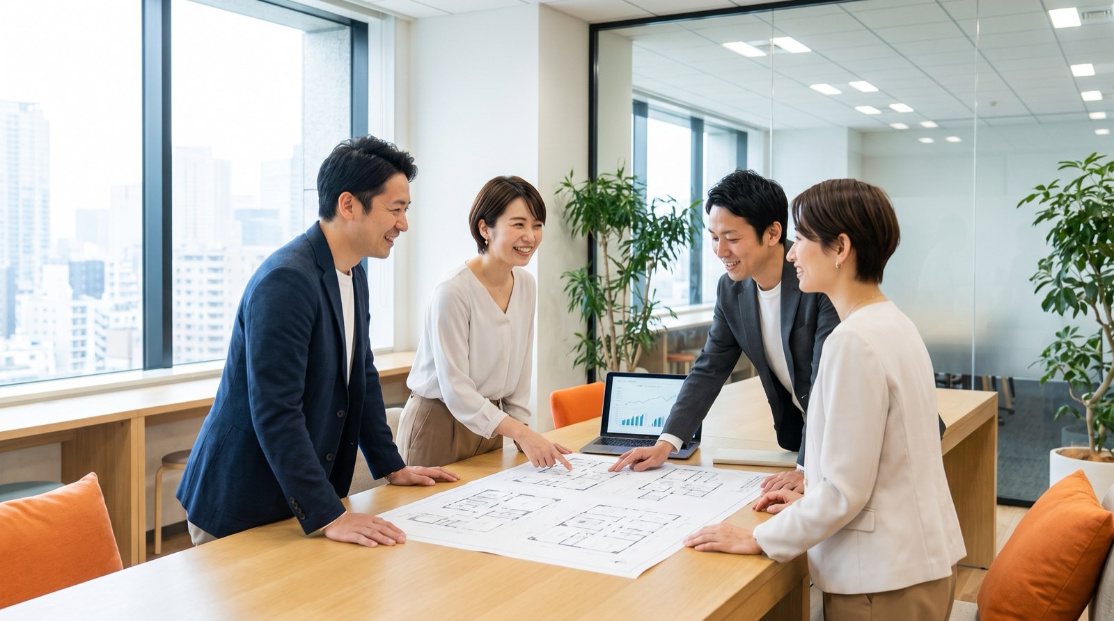 電話対応から解放され、落ち着いて空室対策の打ち合わせをする管理会社のチーム