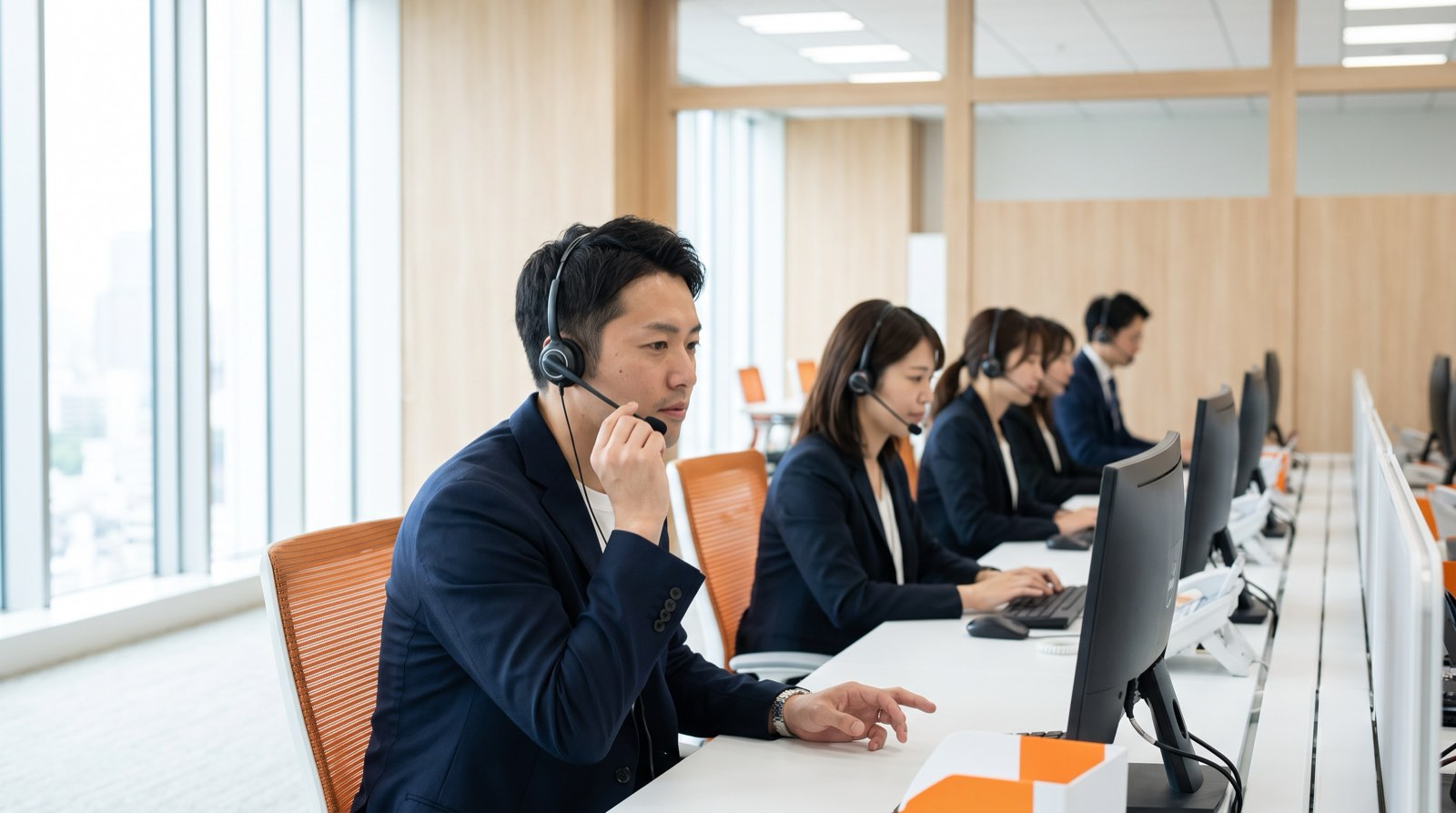 ヘッドセットを着けて落ち着いて対応する不動産専門コールセンターのチーム