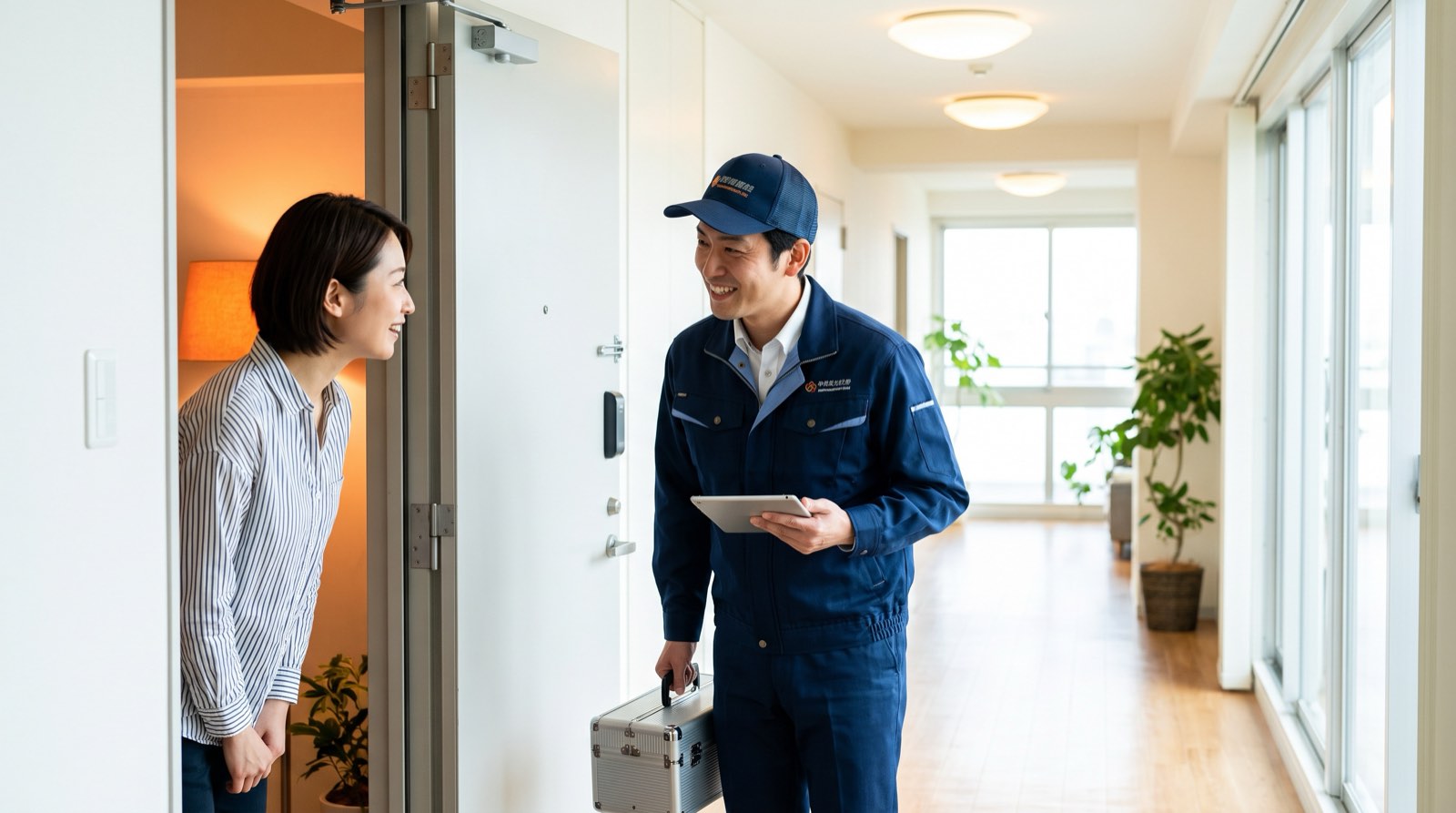 手配された作業員が入居者の部屋を訪問し、安心した表情の入居者と挨拶する様子
